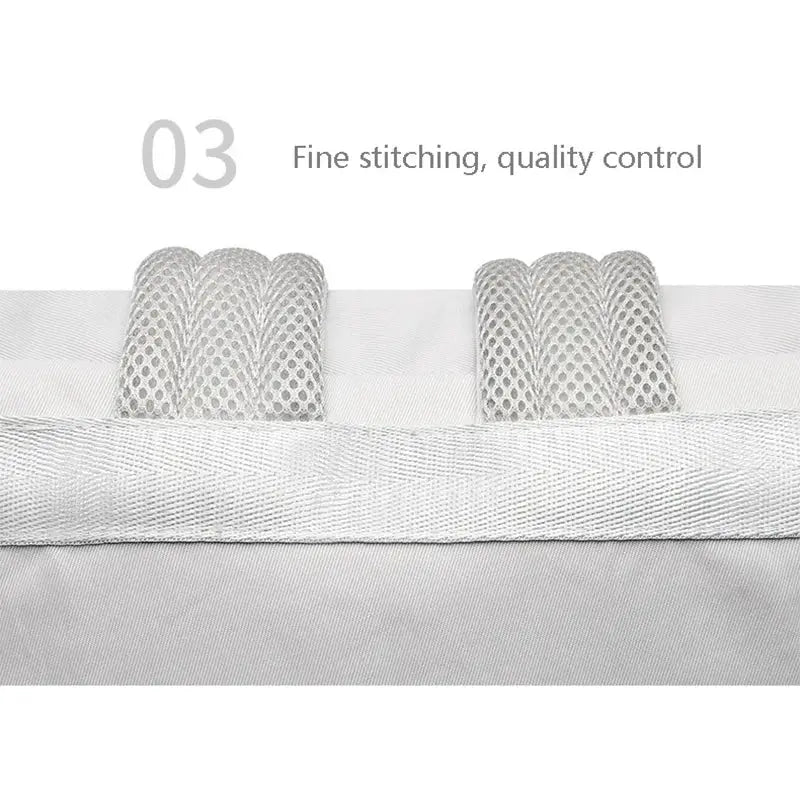 Women's waterproof laptop backpack strap close-up; light gray mesh padding