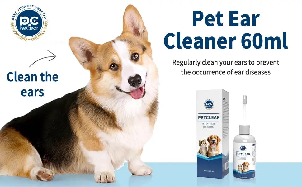PetClear 60ml natural ear drops for dogs and cats by Simples Market with blue-labeled dropper bottle and box