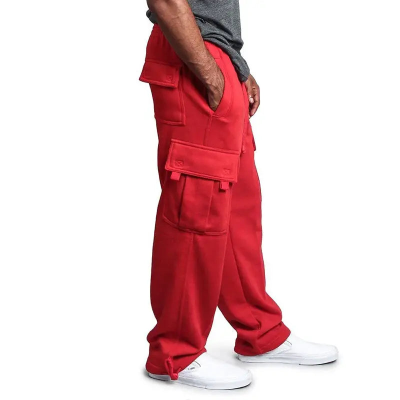 Men's red cargo joggers by Simples Market with multiple pockets and drawstring