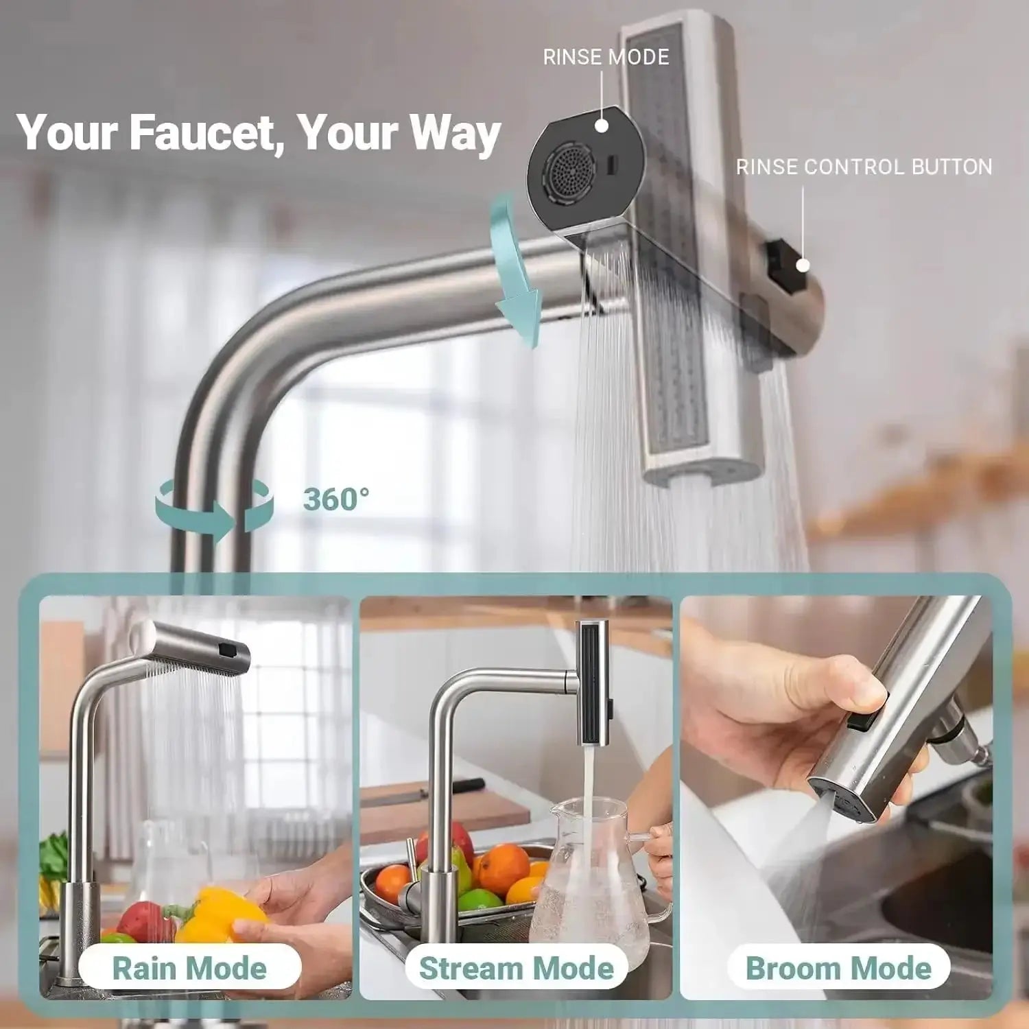 Simples Market grey pull-out kitchen faucet with 360° rotation and three spray modes: rain, stream, shower.