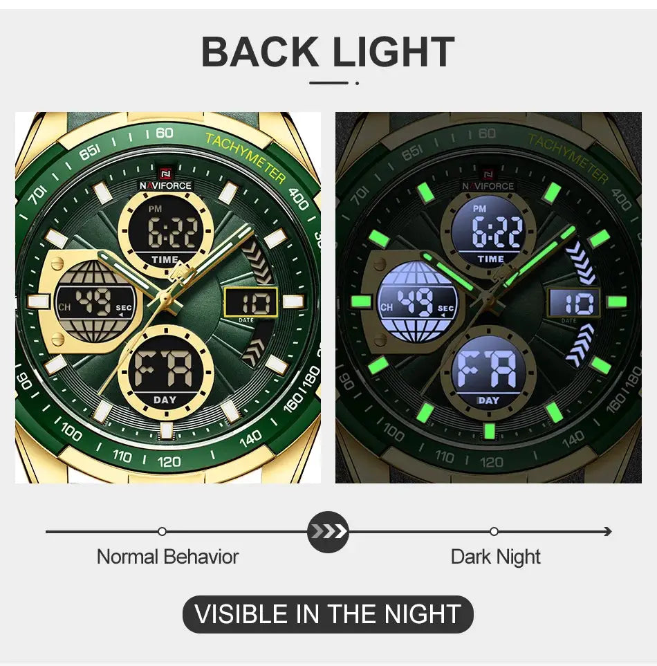 NAVIFORCE men's leather wristwatch with green dial and gold-tone case; tachymeter, chronograph, 2 watches shown