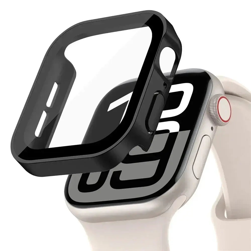 Screen protector for Apple Watch by Simples Market with tempered glass and black PC bumper for 40–46mm models.