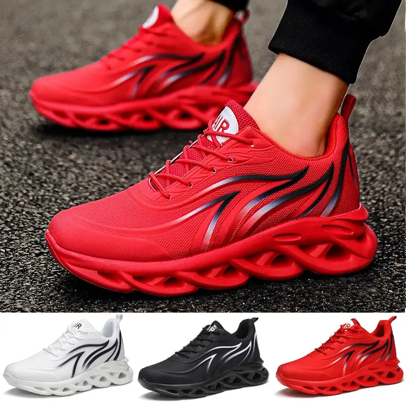 Social Shoe men's mesh breathable running shoes in red with a sculpted hollow sole; 4 color options shown