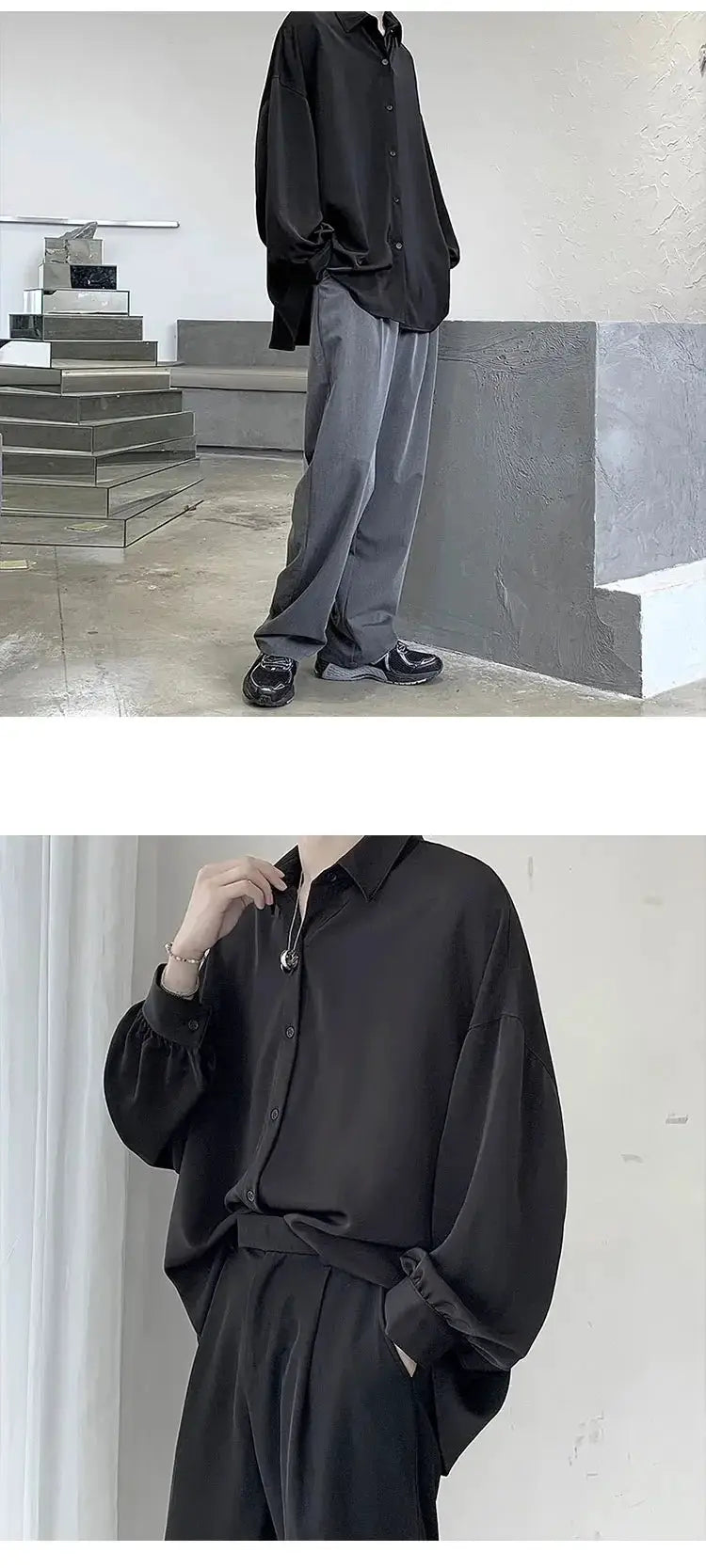 Korean-style oversized black men's long-sleeve shirt, breathable solid fabric by Simples Market