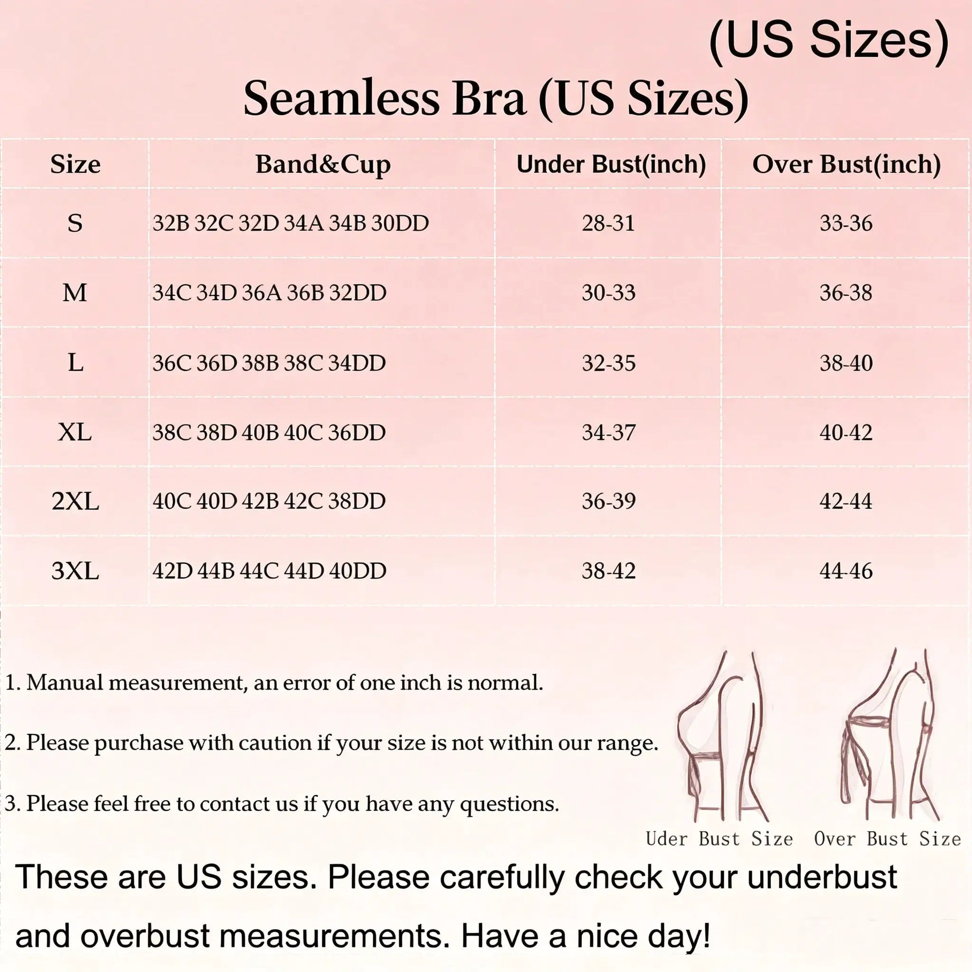 Seamless Bra US sizes size chart on pink background showing S-3XL and under/over bust ranges.