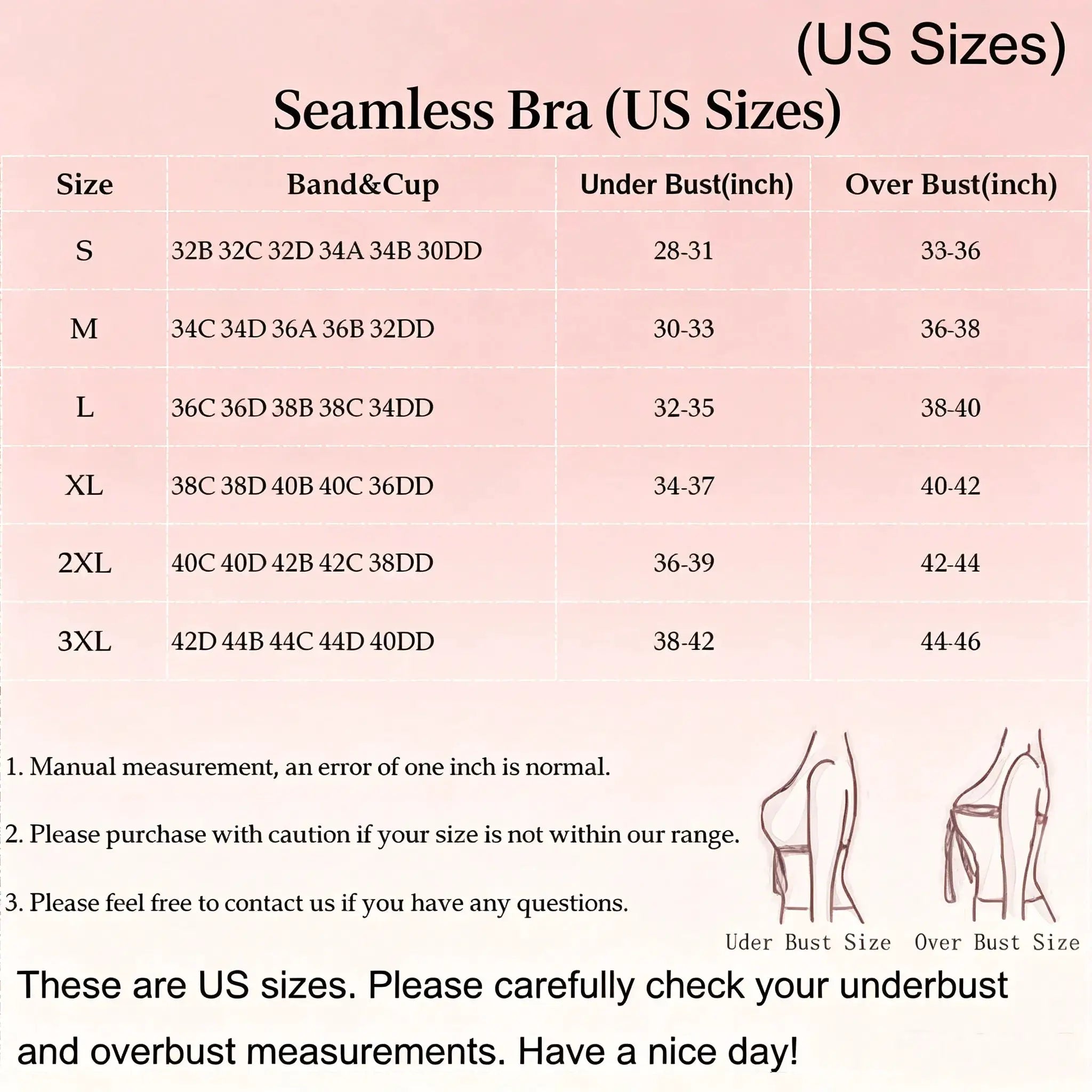 Seamless Bra US sizes size chart on pink background showing S-3XL and under/over bust ranges.