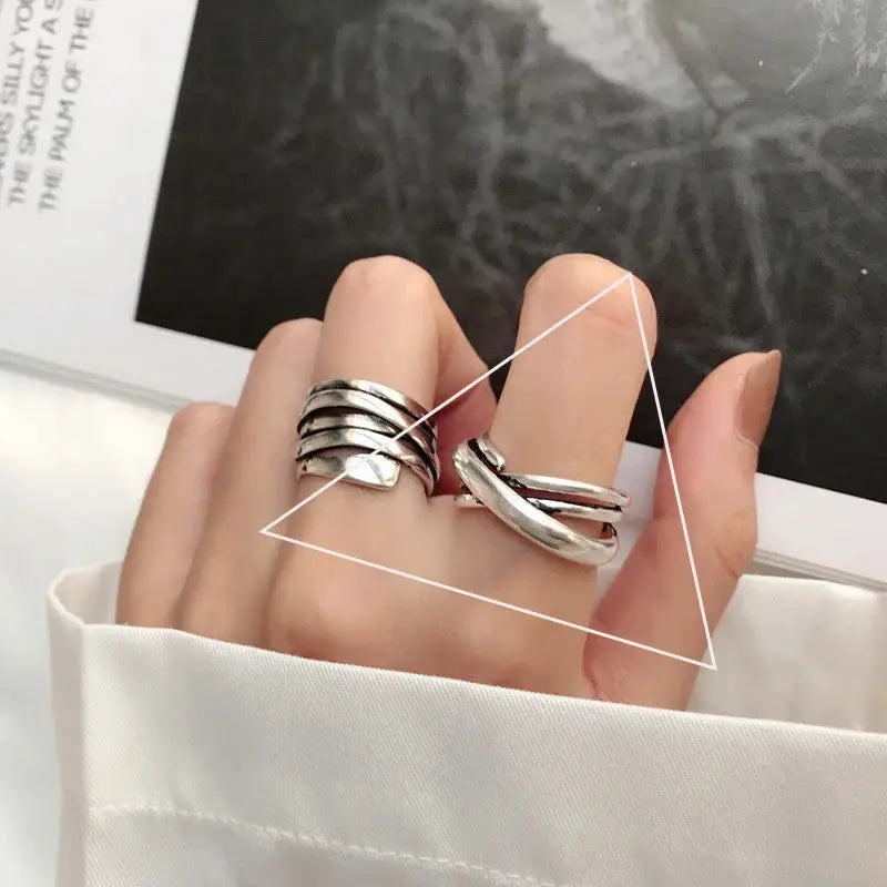 Ventfille 925 Sterling Silver Rings Fashion Hip Hop Vintage Couples Hollow Lines Punk Silver Party Adjustable Jewelry