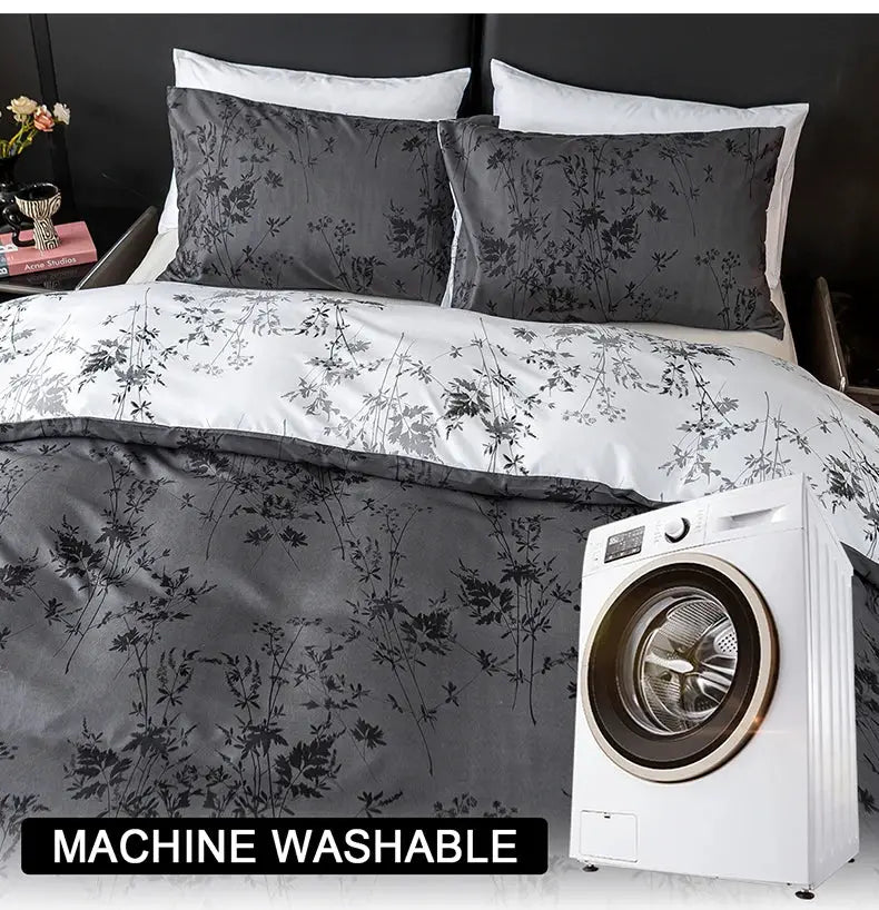 3-piece Zhusheng Kongye duvet cover set in gray botanical print; includes duvet cover and 2 pillowcases.