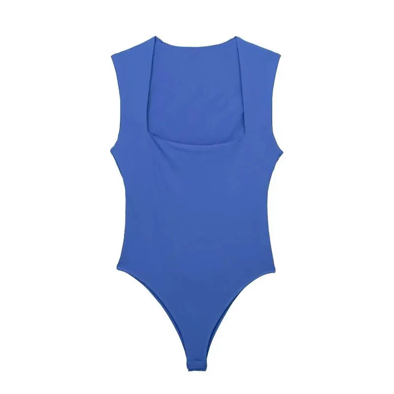 Mujer Black Square Neck Sleeveless Bodysuit Slim Fit Bodycon Lingerie Top For Summer