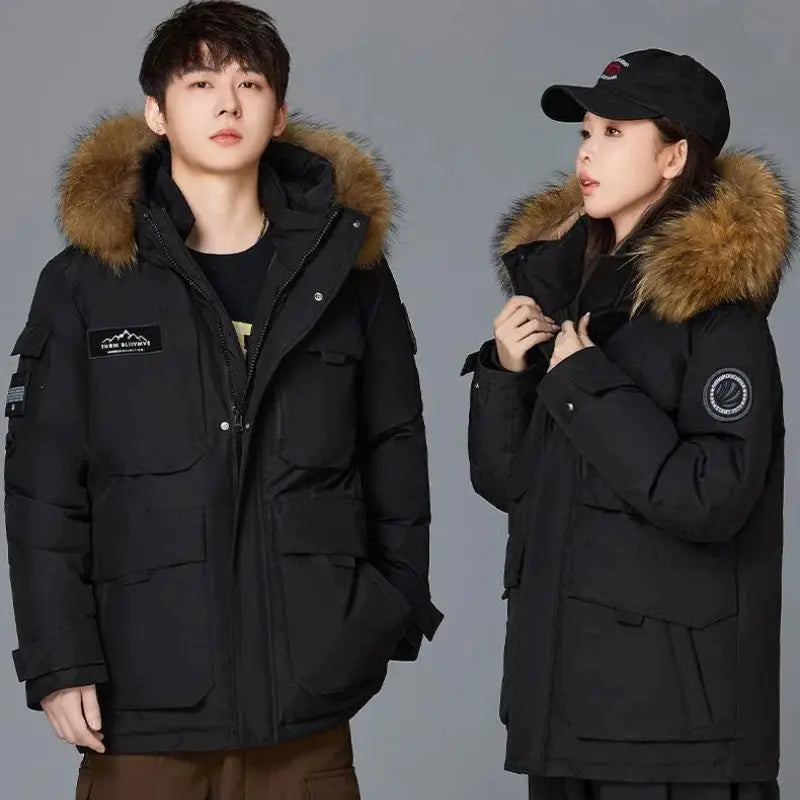 Winter men's hooded fur-collar duck-down parka coats by Simples Market, waterproof and warm, shown on two models.
