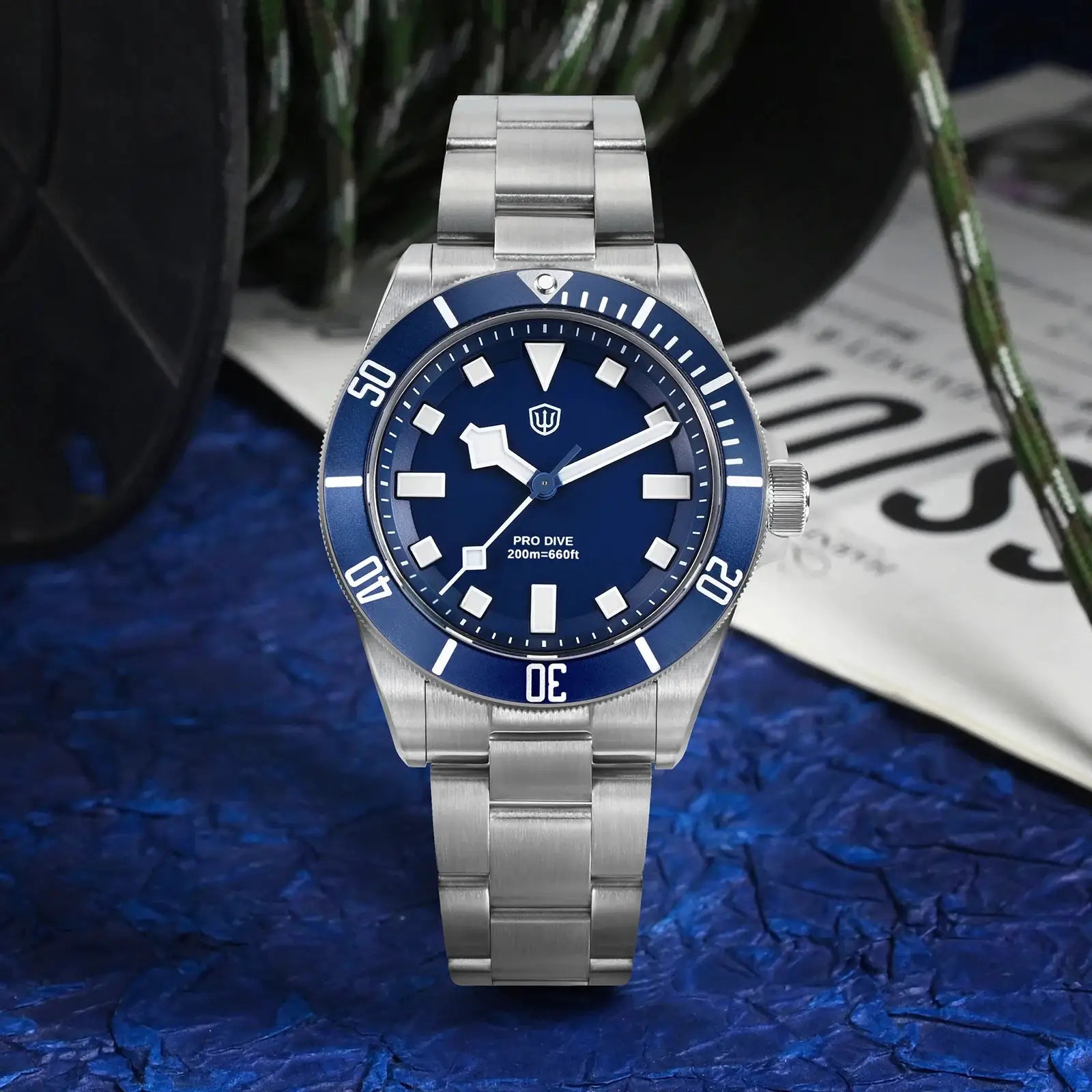 Watchdives WD1969 Pro 38mm blue-dial dive watch, stainless steel bracelet, blue bezel, 200m water resistant.