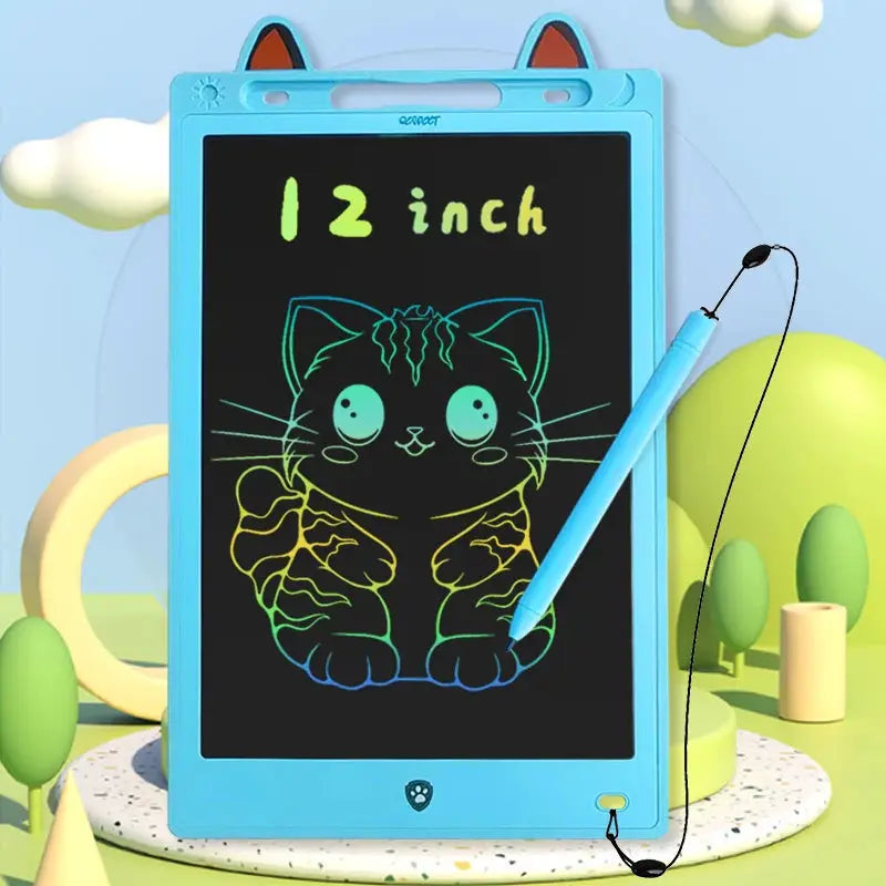 12-inch blue LCD drawing tablet for kids with neon cat illustration and attached stylus