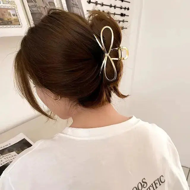 LuminaLocks Elegant Bow Metal Hair Claw Clips For Women With Secure Hold In Geometric Gold And Silver Finish
