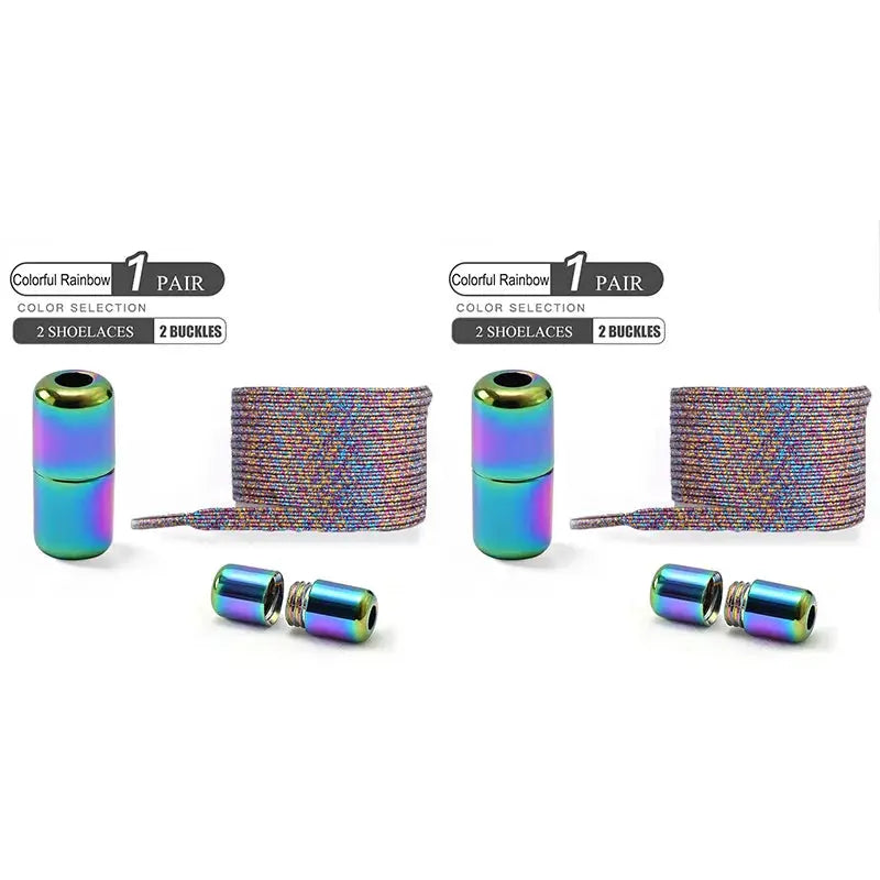 No-tie elastic shoelaces, rainbow iridescent with metal buckles, 2 pairs shown