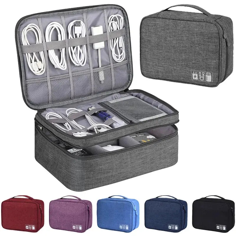 Simples Market travel cable storage bag, portable waterproof electronics organizer with multiple cable pouches in gray.
