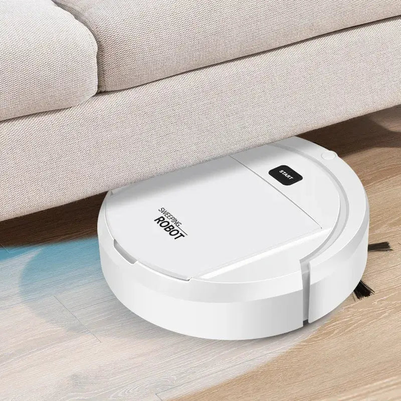 Simples Market robot vacuum cleaner, white circular autonomous cleaning bot with Start button under sofa.