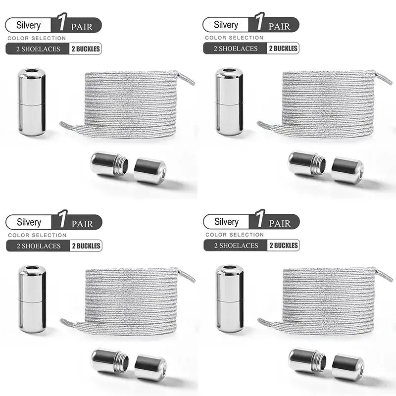 4 Pairs No-Tie Elastic Shoelaces with Buckles, Pearl Silver Color for Sneakers