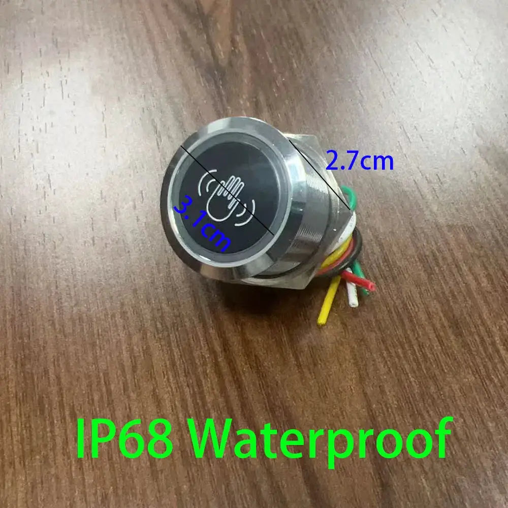 Infrared touchless exit button, 12V round metal door switch with black sensor face, IP68 waterproof