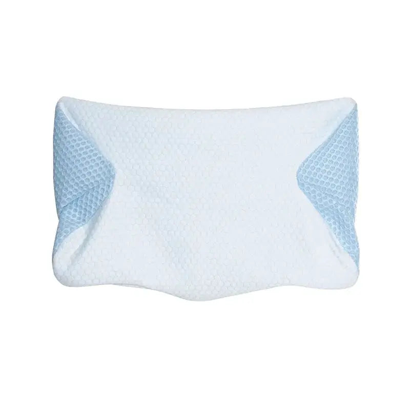 Butterfly-shaped cervical pillowcase by Simples Market; white with blue side panels, honeycomb texture.