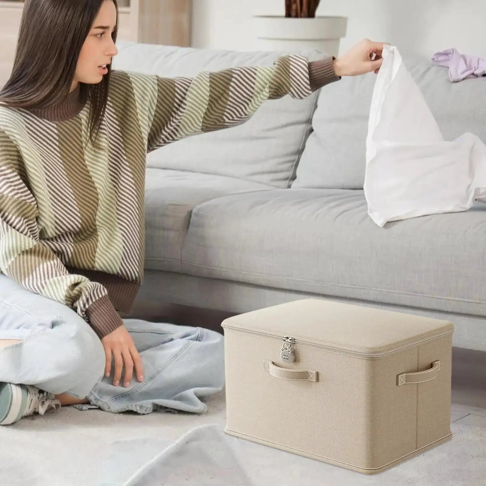 Lockable odor-proof fabric storage box with handles in beige; stackable for blankets and clothing