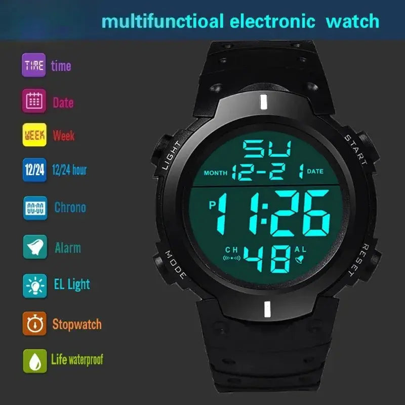 Mens Sport LED Digital Watch Multi Functional Rubber Fitness Tracker For Athletes Timekeeping Clock