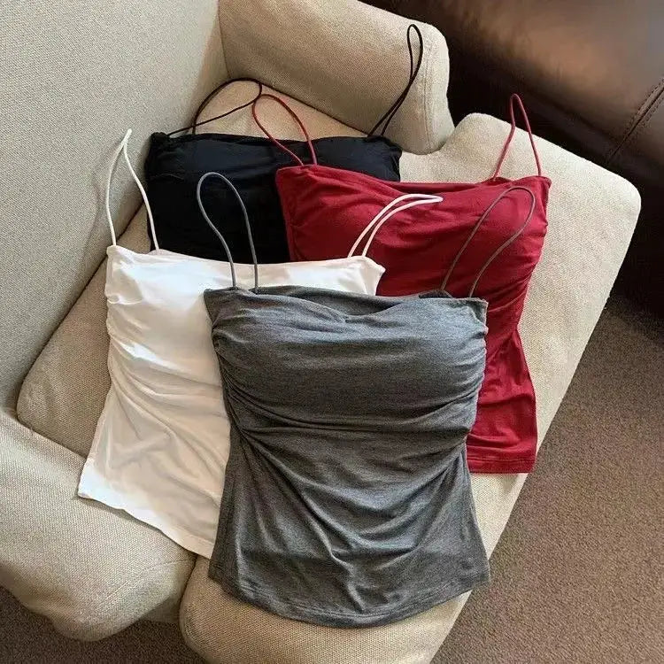 White Sleeveless Tank Top With Thin Straps Fitted Camisole Korean Style Women Underwear Layering Top