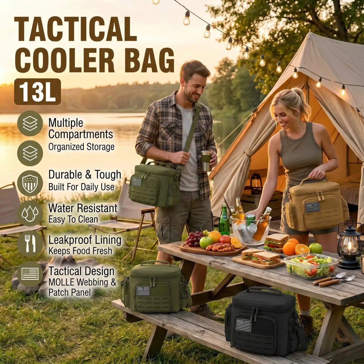 Two 13L Simples Market tactical cooler bags in olive green and black with multiple compartments.