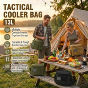 Two 13L Simples Market tactical cooler bags in olive green and black with multiple compartments.