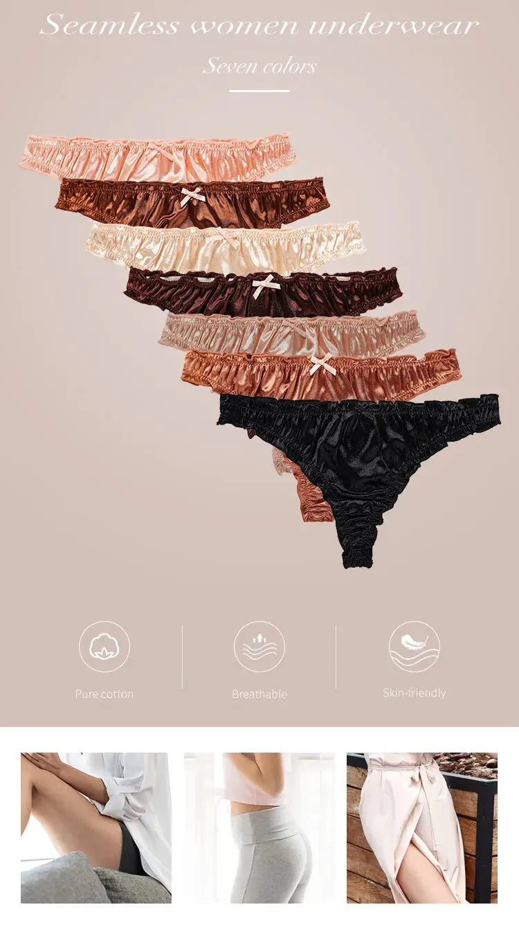 Women's satin seamless underwear set with frill trim by Simples Market in seven colors, no-show tanga briefs