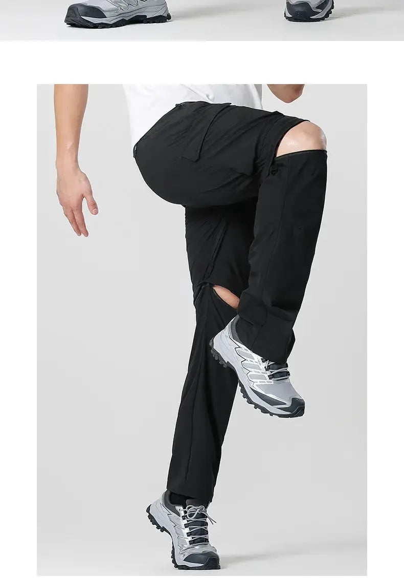 Men's black cargo hiking pants with convertible zip-off legs for outdoor adventures