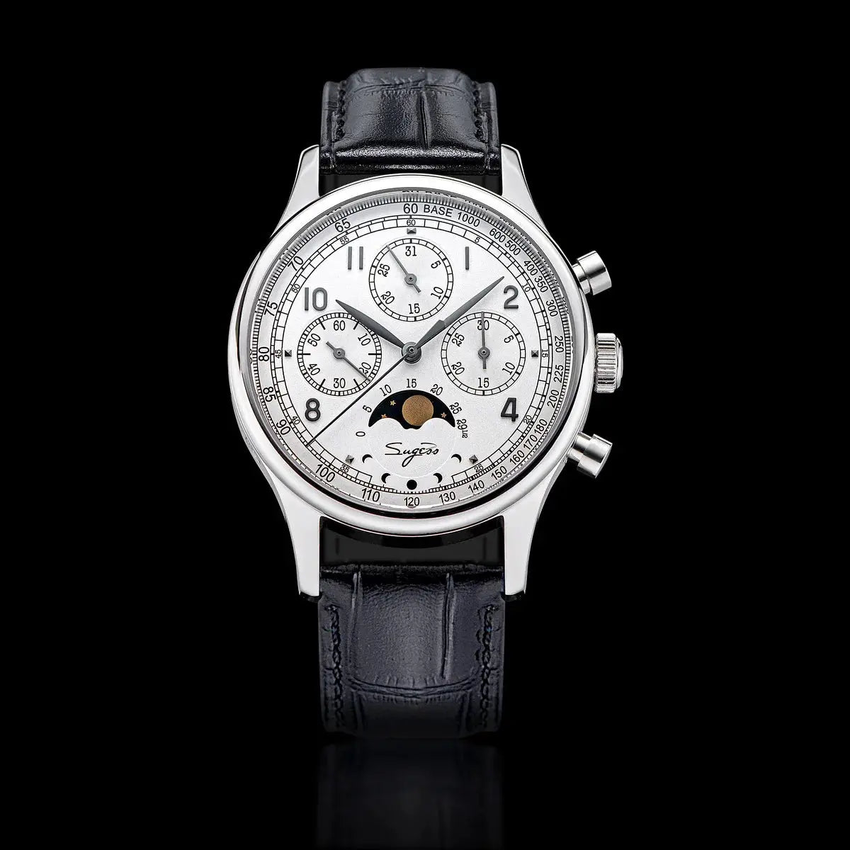 Sugess men's chronograph watch with silver dial, moonphase indicator, stainless steel case, black leather strap