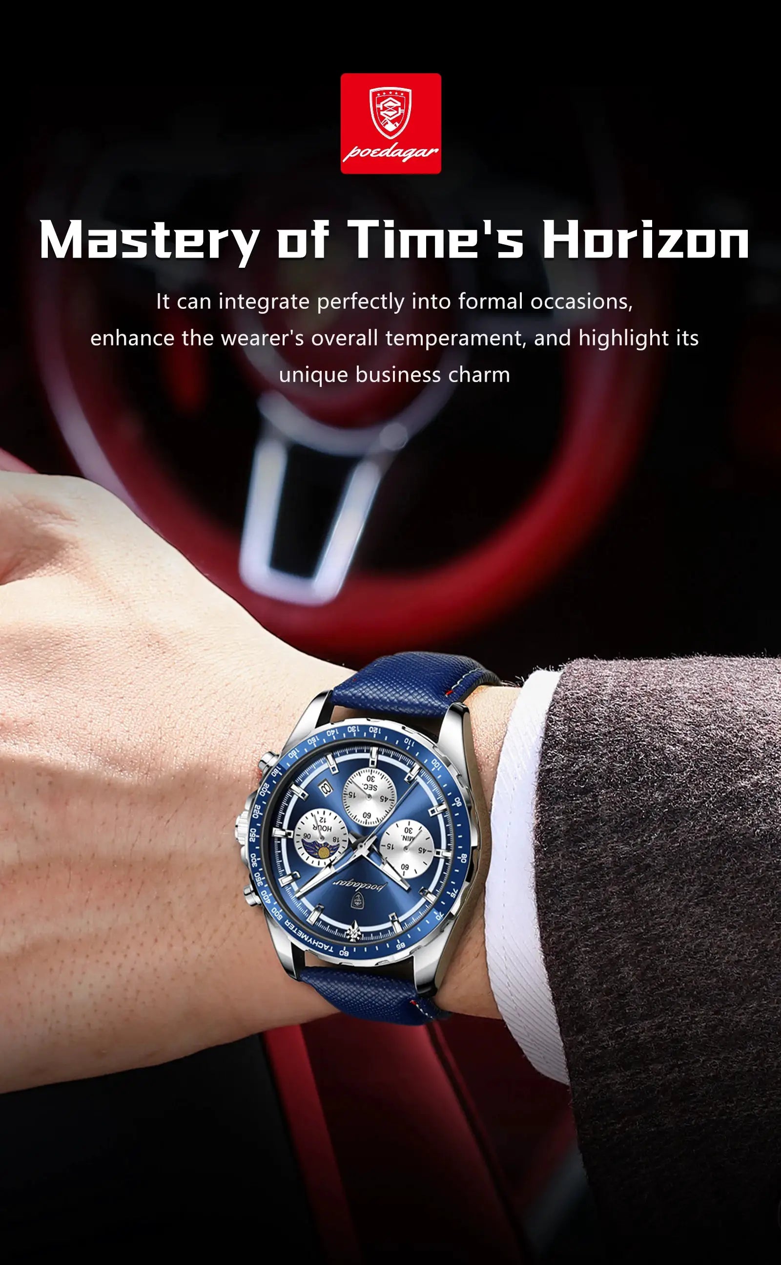Poedagar men's chronograph wristwatch with blue dial and leather strap