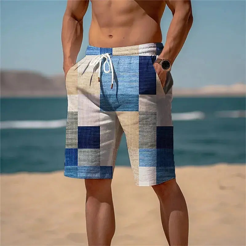 Men's patchwork board shorts in blue and beige denim blocks, quick-dry beach trunks
