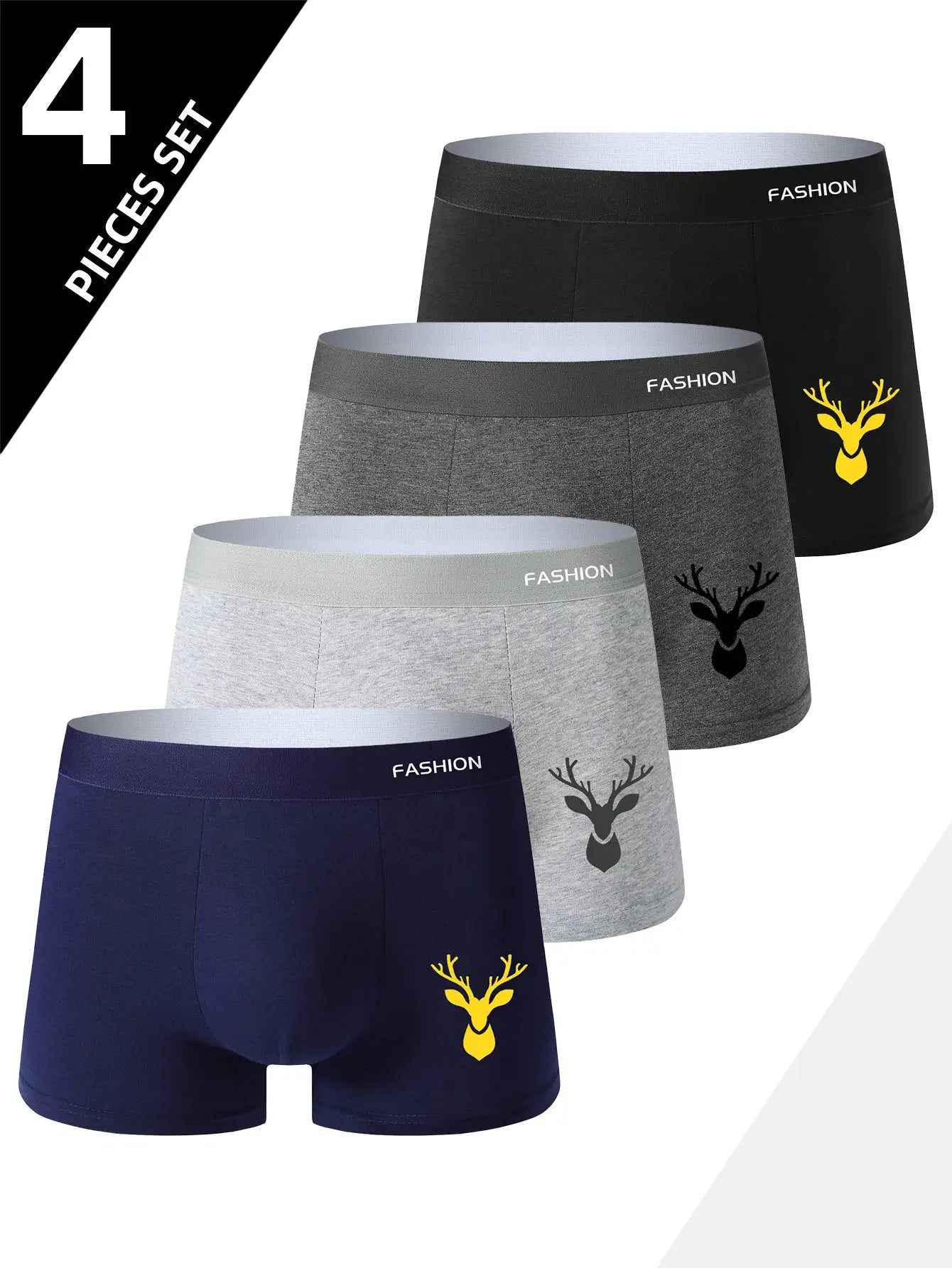 4-piece set of men's boxer underwear in assorted colors with yellow deer logo, soft breathable fabric.