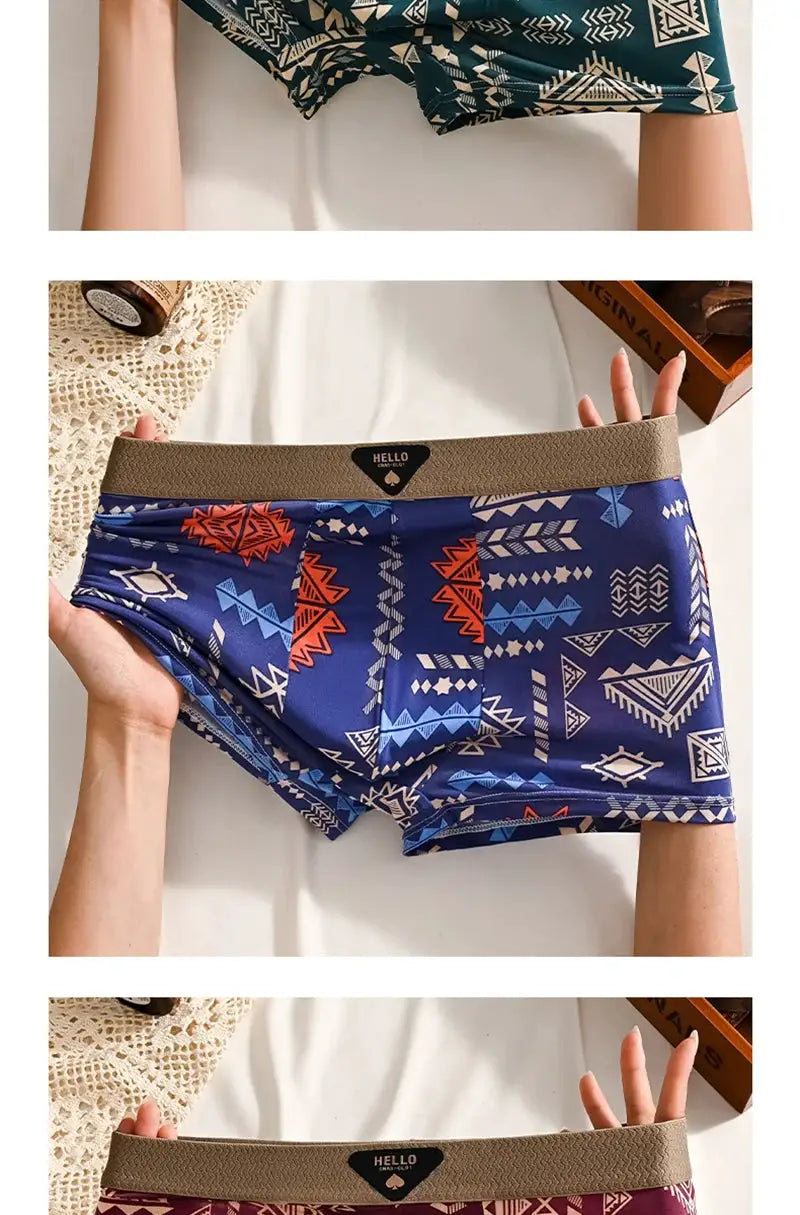 Boxer shorts for men in ice silk; 3-pack with prints, plus size L-6XL, blue/purple/burgundy, Hello logo waistband