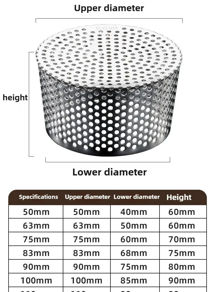 Floor drain insert, Simples Market, 304 stainless steel, perforated cylindrical body for courtyard drainage.