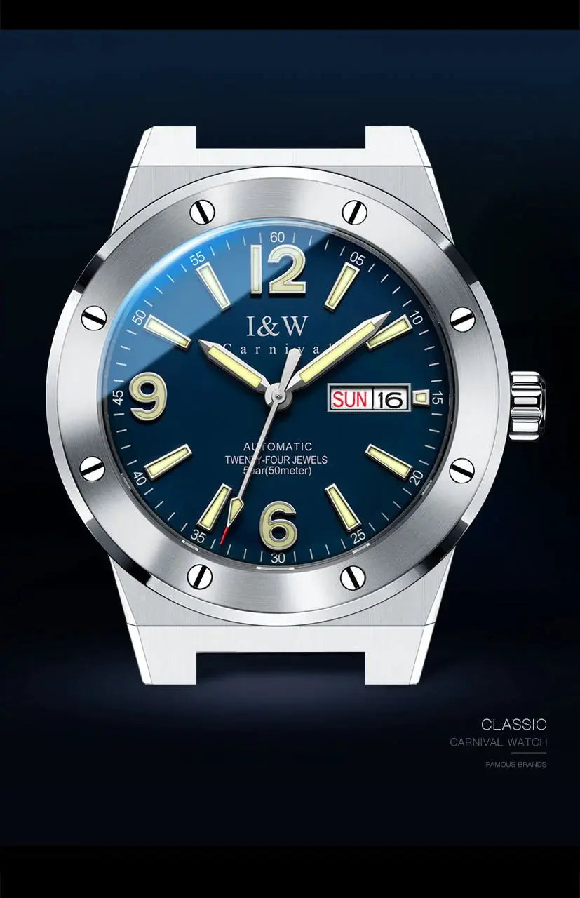 Carnival IW luxury sapphire mechanical men's watch, blue dial, stainless steel case, 50M water resistant