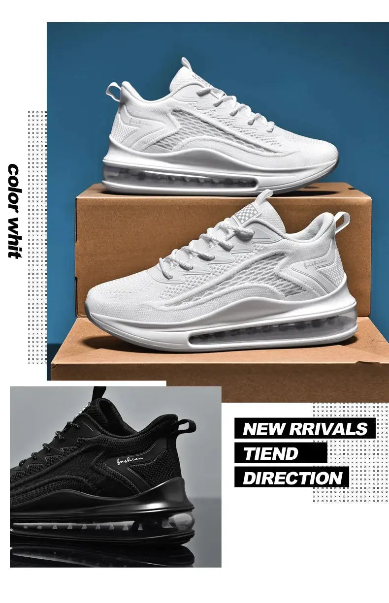 Men's white and black sneakers; white breathable mesh pair on boxes, black running shoe on the lower left