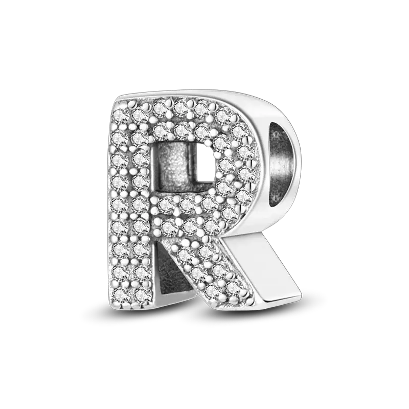 R letter charm pendant in 925 sterling silver with CZ zircon stones.