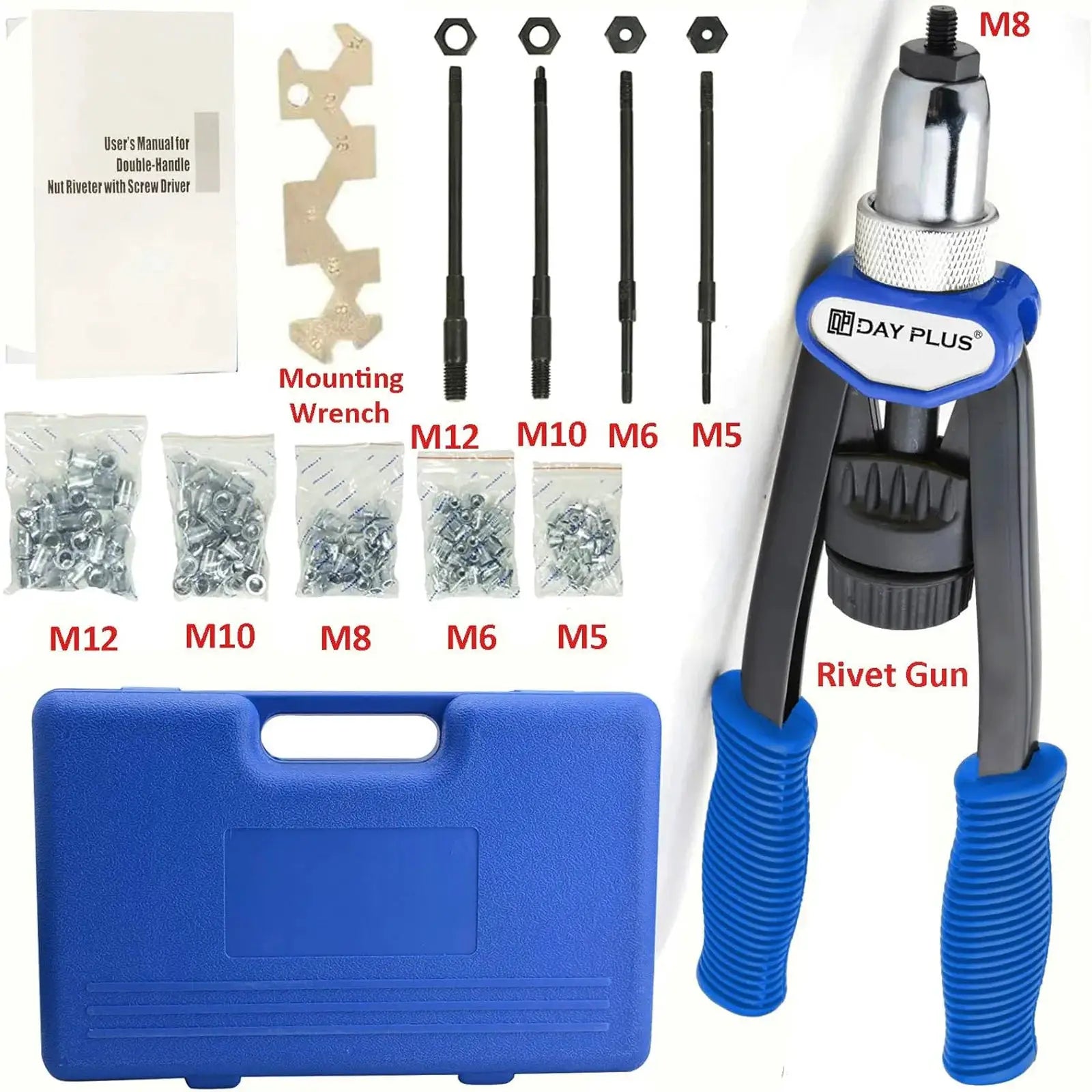 Professional Rivet Nut Pliers Set M5 to M12 with 150 Rivet Nuts Blind Riveter Tool for Automotive Electronics