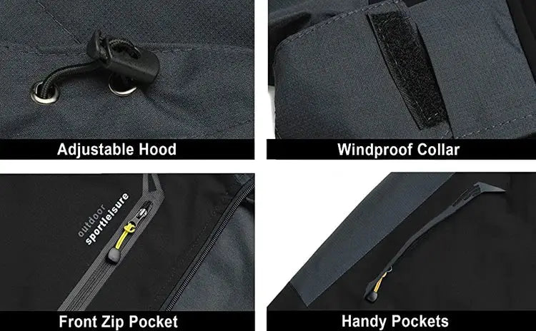 TRVLWEGO Camping Hiking Jacket black waterproof windbreaker with adjustable hood and front zip pockets