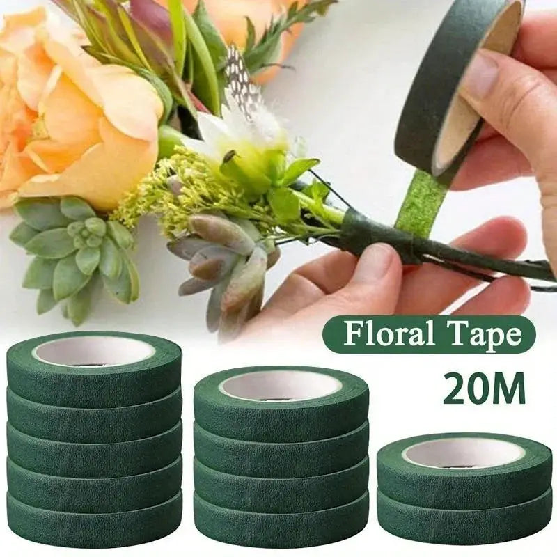 Green floral tape rolls, self-adhesive 20m, for bouquet and stem wrapping