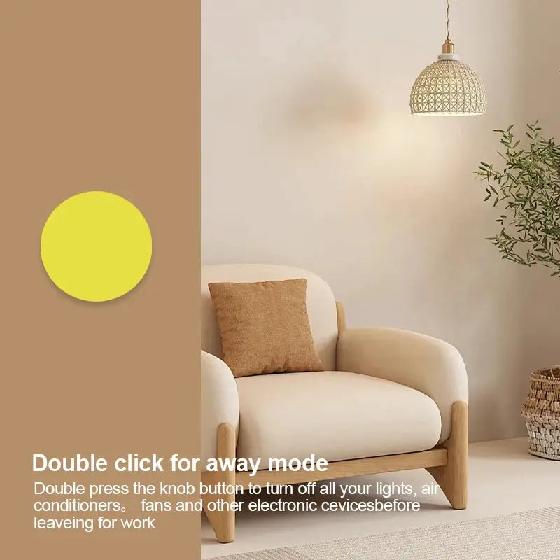Zigbee smart wireless button switch by Simples Market; round yellow button on brown panel in a living room.