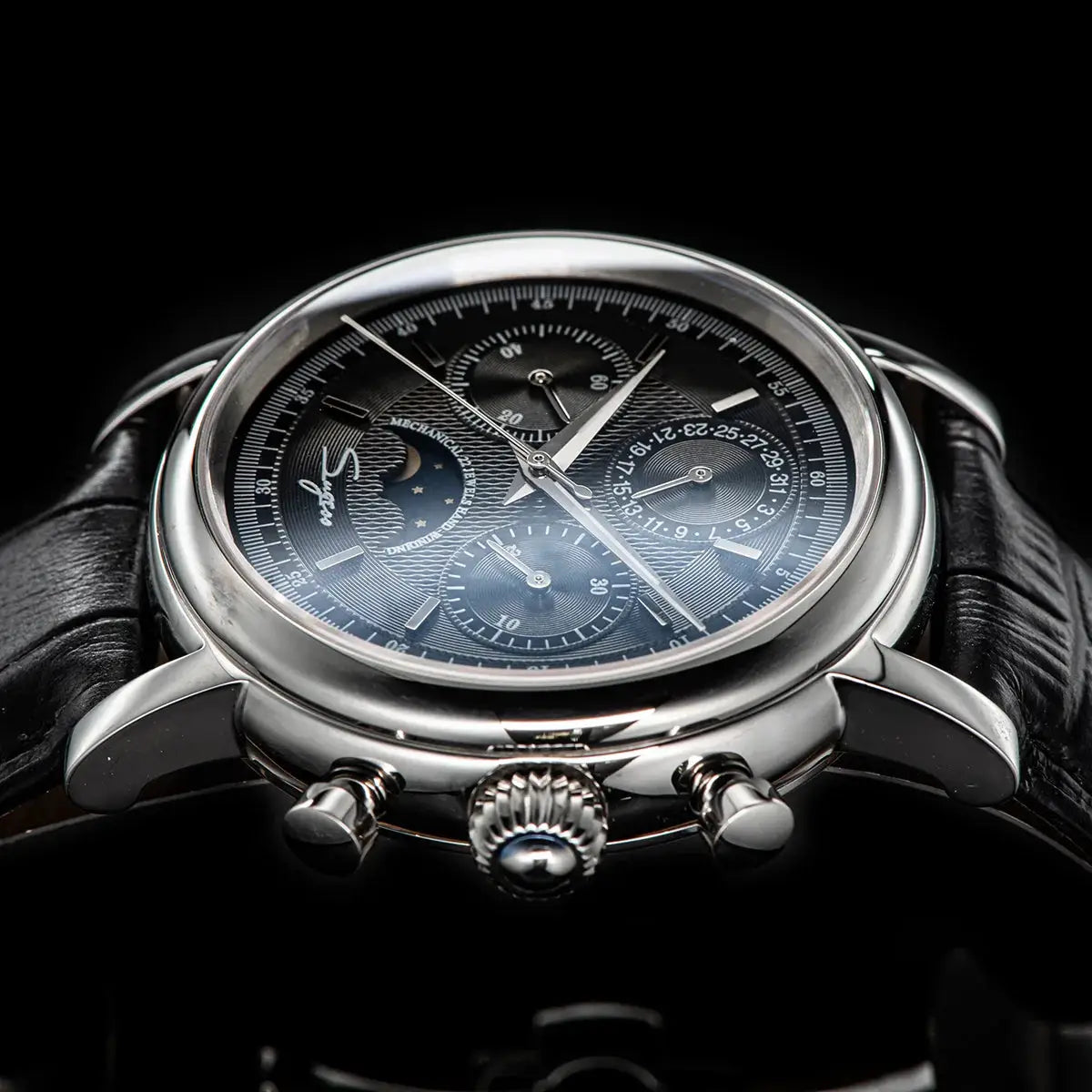 Sugess ST1908 men's watch with moonphase calendar, chronograph subdials, stainless case, black leather strap