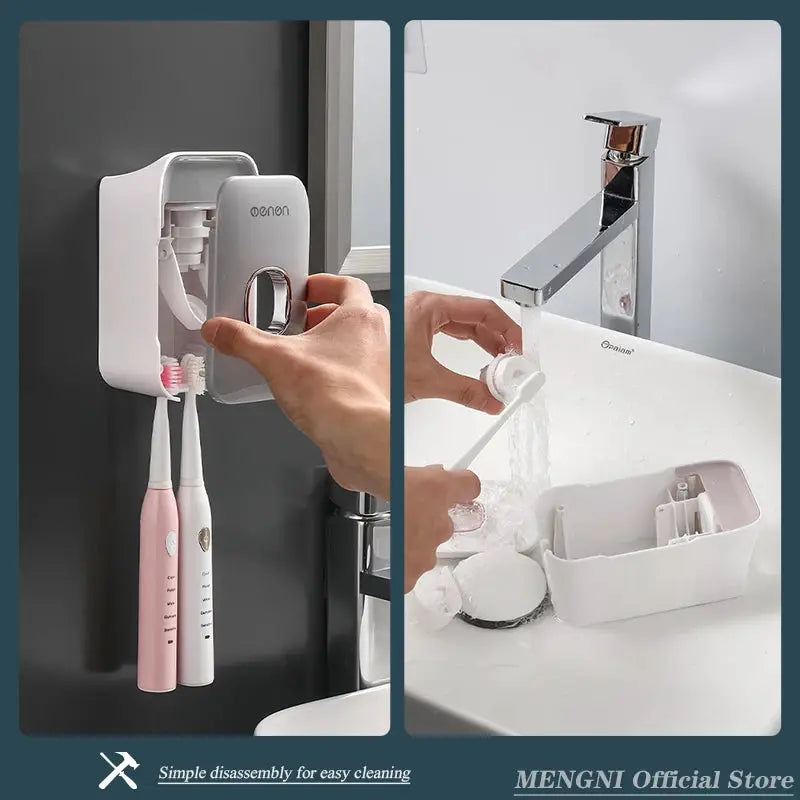 MENGNI toothpaste dispenser and toothbrush holder, wall-mounted white plastic, Simples Market