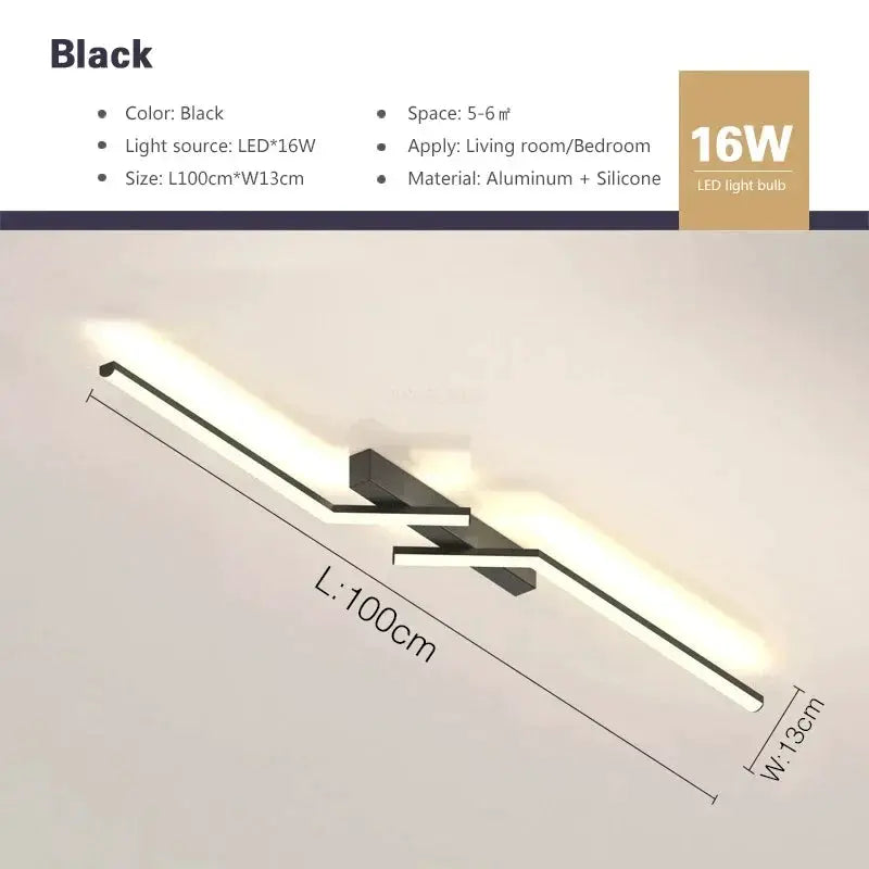 Modern LED ceiling light, black, with a simple linear design, 100 cm long, aluminum and silicone construction.