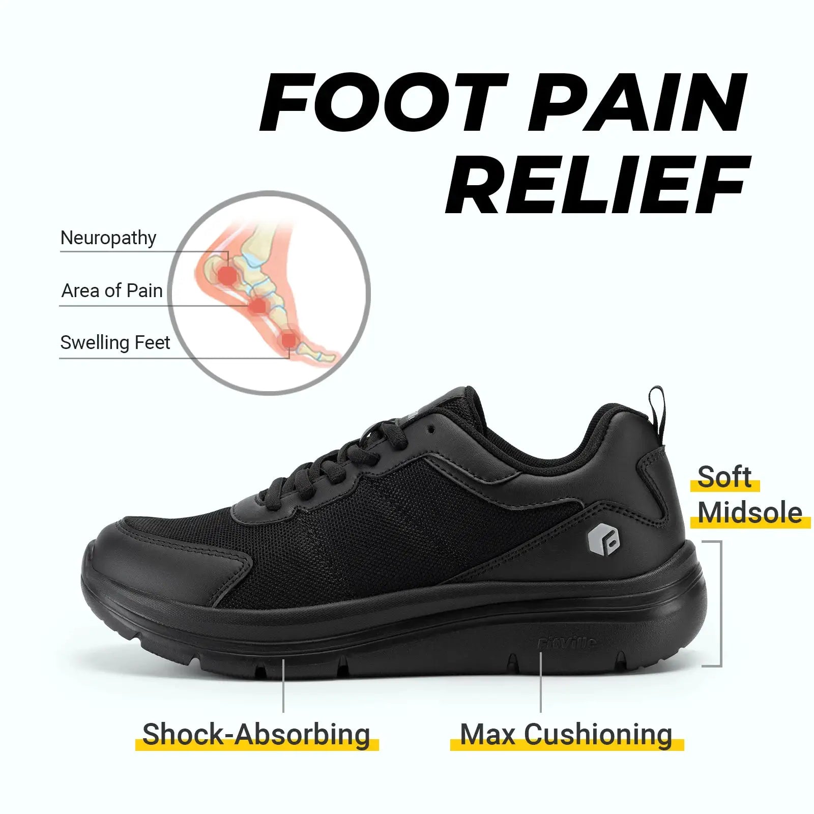 FitVille men's black walking shoe, wide width with max cushioning and shock-absorbing sole