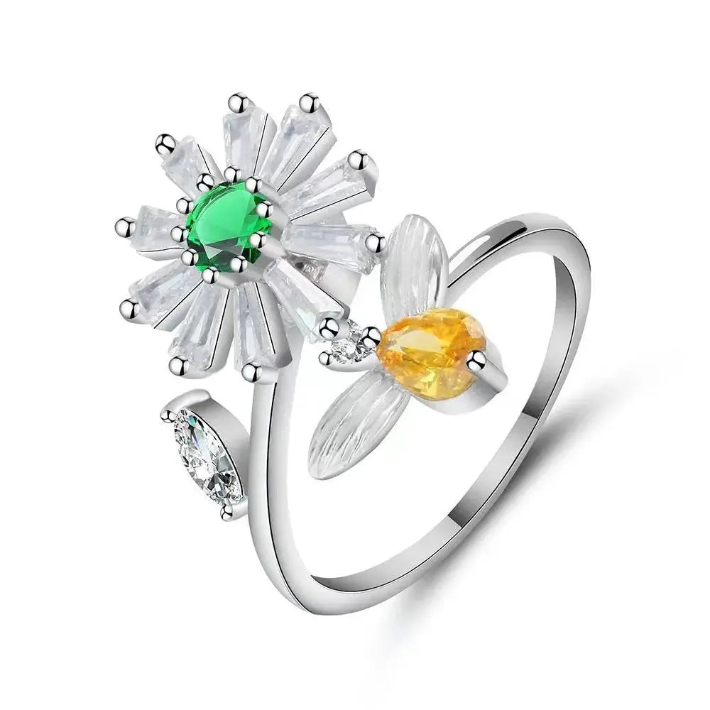 SMJEL Fidget Spinner Ring for Women Crystal Flower Eye Butterfly Animal Motifs Stress Relief Wedding Jewelry