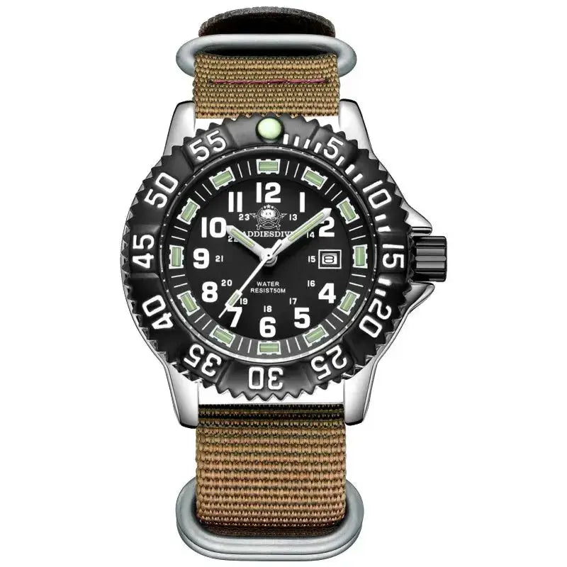 Simples Market Addies Dive men's watch with black dial, rotating bezel, luminous markers, tan nylon strap