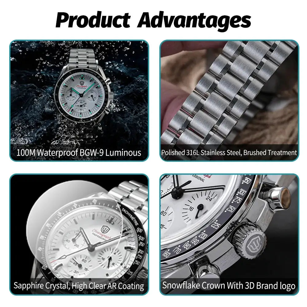 Men's quartz chronograph watch with stainless steel case, sapphire crystal, 100M waterproof